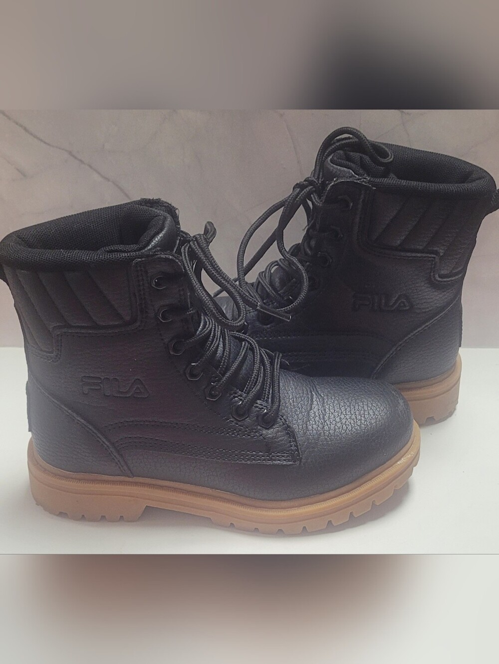 KIDS FILA Black Leather Combat Boots with Gum Sole